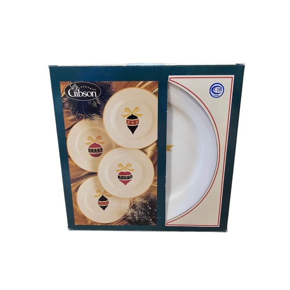Vintage 2000 Gibson Ornaments Christmas Dessert Plates Set of 4 Round 7.5" NIB
